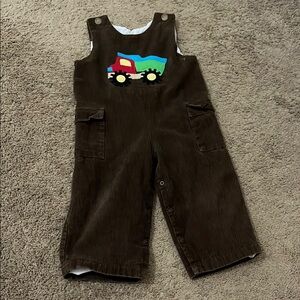 Brown Corduroy Kids Overalls with Truck Design